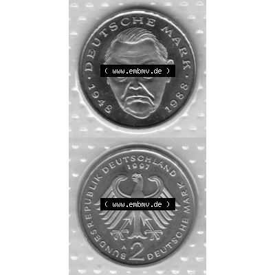 BRD-Deutschland 1997, 2 Deutsche Mark Gedenkmünze Ludwig Erhard, RS+VS vertikal Graustufen. Mark-Münze als PNG-Grafik in Graustufen / s/w / Schwarzweiß... Sammlung