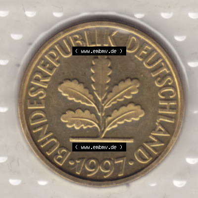 BRD-Deutschland 1997, 10 Deutsche Pfennige Vorderseite. Pfennig-Münze in Farbe aus dem Jahrgang 1997 Deutschland der BRD-Bundesrepublik mit Münzzeichen A für Münzstätte... Sammlung