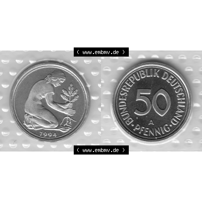BRD-Deutschland Münzen 1994, 50 Pfennig Graustufen VS+RS horizontal. Graustufen-Bilder der Vorderseite und Rückseite mit Wert-Zahl auf einen Bild / Foto der digitalisierten... Sammlung