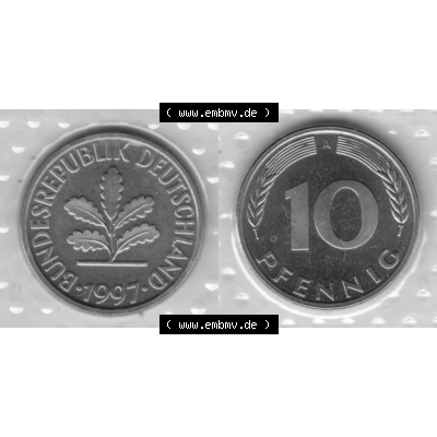 BRD-Deutschland 1997, 10 Deutsche Pfennige, VS+RS horizontal Graustufen. Pfennig-Münze in Grau / Graustufen / s/w oder auch als Schwarzweiß benannt aus dem... Sammlung