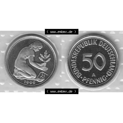 Münze der BRD-Deutschland 1999 Mzz. A für Berlin, Fünfzig 50 Pfennig aus KMS VS+RS horizontal Graustufen. Graues PNG-Bild der Deutschen Pfennig Münze vom Jahrgang... Sammlung
