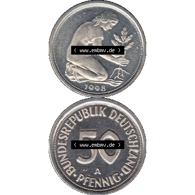 Münze der BRD-Deutschland 1998, Mzz. A für Berlin, 50 Pfennig Transparent VS+RS vertikal Farbe. Farbige und Transparentes PNG-Bild der Deutschen Mark - Pfennig-Münze... Sammlung