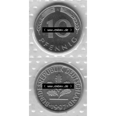 BRD-Deutschland 1997, 10 Deutsche Pfennige, RS+VS vertikal Graustufen. Pfennig-Münze in Grau / Graustufen / s/w oder auch als Schwarzweiß benannt aus dem... Sammlung
