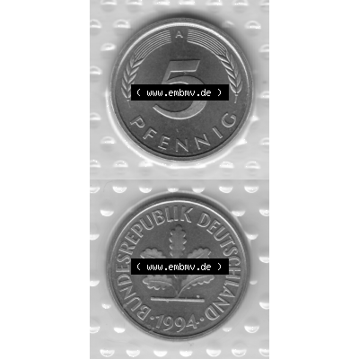 BRD-Deutschland Münzen 1994, 5 Pfennig Graustufen RS+VS vertikal. Graustufen-Bild erstellt aus Farbigen Bild mit Rückseite mit Wert-Zahl und Vorderseite auf einen Bild /... Sammlung