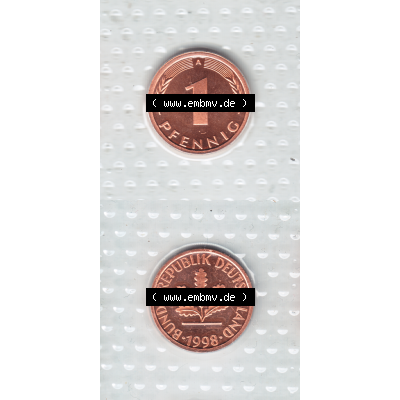 Münze der BRD-Deutschland 1998, Mzz. A für Berlin, 1 Pfennig RS+VS vertikal Farbe.Farbiges PNG-Bild der Deutschen Pfennig Münze vom Jahrgang 1998, aus... Sammlung