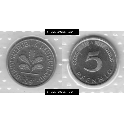 BRD-Deutschland 1997, 5 Deutscher Pfennig, VS+RS horizontal Graustufen. Pfennig-Münze in Grau / Graustufen / s/w oder auch als Schwarzweiß benannt aus dem... Sammlung