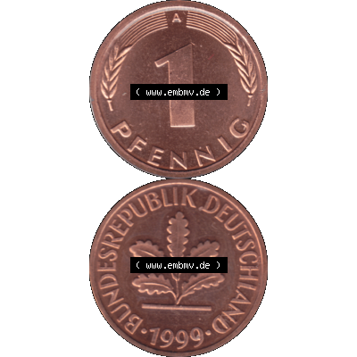 Münze der BRD-Deutschland 1999 Mzz. A für Berlin, Ein 1 Pfennig transparent RS+VS vertikal Farbe. Farbiges transparentes PNG-Bild der Deutschen Pfennig Münze vom... Sammlung