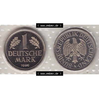 Münze der BRD-Deutschland 1999 Mzz. A für Berlin, Eine 1 Deutsche Mark aus KMS RS+VS horizontal Farbe. Mark-Münze aus dem Jahrgang 1999 Deutschland der BRD-Bundesrepublik... Sammlung