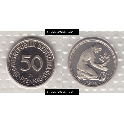 BRD Münzen KMS / Kursmünzensatz 1990-2001, 50 Pfennig 1994-01. Vorderseite und Rückseite mit Wert-Zahl einer Pfennig Münze der DM-Währung der BRD Deutschland,... Sammlung