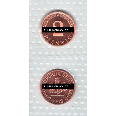 Münze der BRD-Deutschland 1998, Mzz. A für Berlin, 2 Pfennig RS+VS vertikal Farbe.Farbiges PNG-Bild der Deutschen Pfennig Münze vom Jahrgang 1998, aus... Sammlung