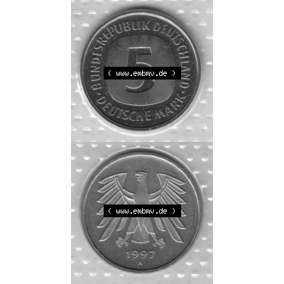 BRD-Deutschland 1997, 5 Deutsche Mark, RS+VS vertikal Graustufen. Mark-Münze als PNG-Grafik in Graustufen / s/w / Schwarzweiß aus dem Jahrgang 1997 Deutschland... Sammlung