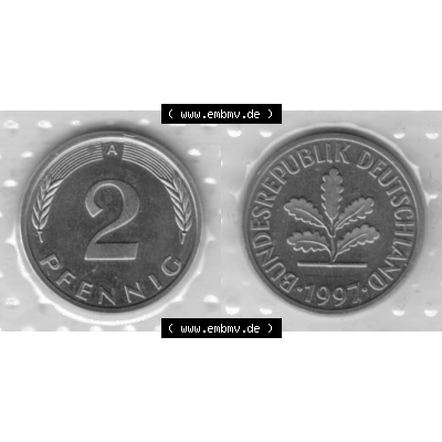 BRD-Deutschland 1997, 2 Deutscher Pfennig, RS+VS horizontal Graustufen. Pfennig-Münze in Grau / Graustufen / s/w oder auch als Schwarzweiß benannt aus dem... Sammlung