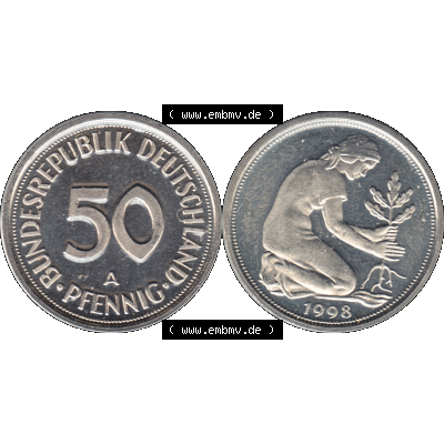 Münze der BRD-Deutschland 1998, Mzz. A für Berlin, 50 Pfennig Transparent RS+VS horizontal Farbe. Farbige und Transparentes PNG-Bild der Deutschen Mark - Pfennig-Münze... Sammlung