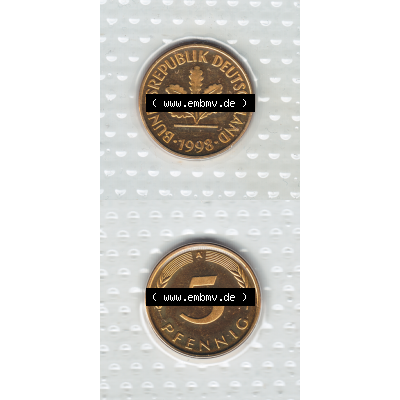 Münze der BRD-Deutschland 1998, Mzz. A für Berlin, 5 Pfennig VS+RS vertikal Farbe.Farbiges PNG-Bild der Deutschen Pfennig Münze vom Jahrgang 1998, aus... Sammlung