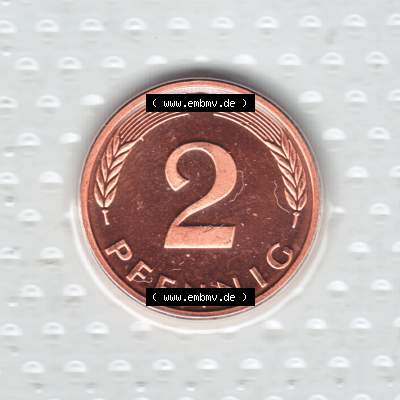 Münze der BRD-Deutschland 1998, Mzz. A für Berlin, 2 Pfennig Rückseite.Farbiges PNG-Bild der Deutschen Pfennig Münze vom Jahrgang 1998, aus Noppenfolie... Sammlung