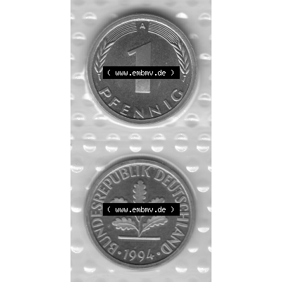 BRD-Deutschland Münzen 1994, 1 Pfennig Graustufen RS+VS vertikal. Graustufen-Bild erstellt aus Farbigen Bild mit Rückseite mit Wert-Zahl und Vorderseite auf einen Bild /... Sammlung
