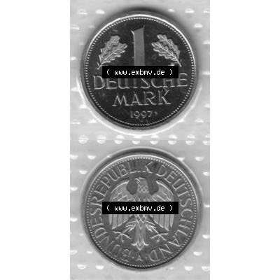 BRD-Deutschland 1997, 1 Deutsche Mark, RS+VS vertikal Graustufen. Mark-Münze als PNG-Grafik in Graustufen / s/w / Schwarzweiß aus dem Jahrgang 1997 Deutschland... Sammlung