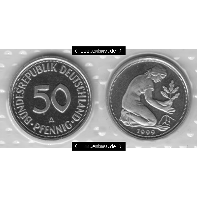 Münze der BRD-Deutschland 1999 Mzz. A für Berlin, Fünfzig 50 Pfennig aus KMS RS+VS horizontal Graustufen. Graues PNG-Bild der Deutschen Pfennig Münze vom Jahrgang... Sammlung