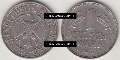 BRD Münze Deutschland Original Bild in PNG 1950-2001, 1 Eine Deutsche Mark, 1957 J-1 VS+RS horizontal Farbe (1) - Digitalisierte... Sammlung