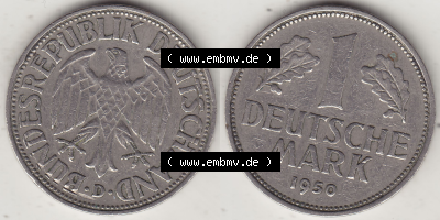 BRD Münze Deutschland Original Bild in PNG 1950-2001, 1 Eine Deutsche Mark, 1950 D-2 VS+RS horizontal Farbe (1) - Digitalisierte... Sammlung