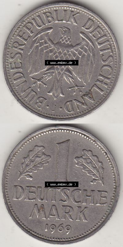 BRD Münze Deutschland Original Bild in PNG 1950-2001, 1 Eine Deutsche Mark, 1969 J-1 VS+RS vertikal Farbe (1) - Digitalisierte... Sammlung