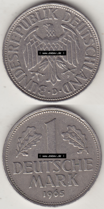 BRD Münze Deutschland Original Bild in PNG 1950-2001, 1 Eine Deutsche Mark, 1965 D-1 VS+RS vertikal Farbe (1) - Digitalisierte... Sammlung