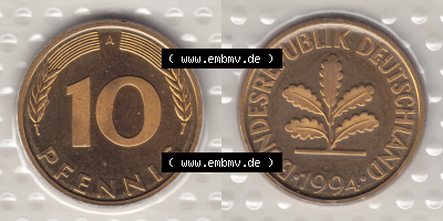 BRD Münzen KMS / Kursmünzensatz 1990-2001, 10 Pfennig 1994 Sammlung