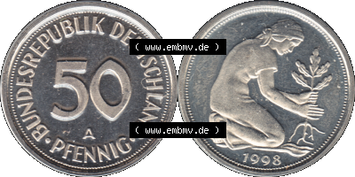 Münze der BRD-Deutschland 1998, Mzz. A für Berlin, 50 Pfennig Transparent RS+VS horizontal Farbe Sammlung