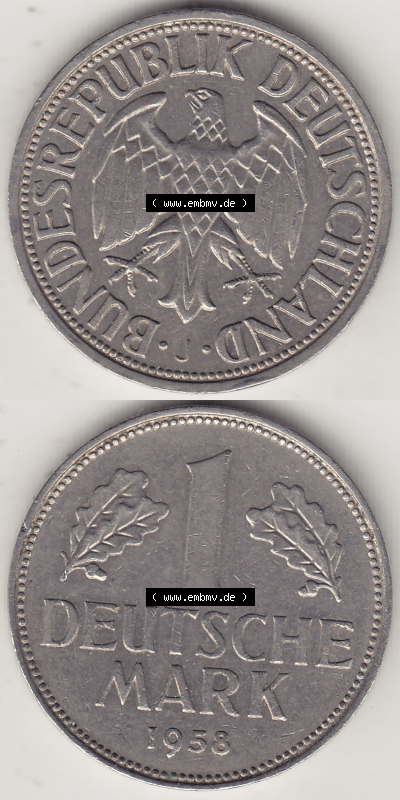 BRD Münze Deutschland Original Bild in PNG 1950-2001, 1 Eine Deutsche Mark, 1958 J-1 VS+RS vertikal Farbe (1) - Digitalisierte... Sammlung