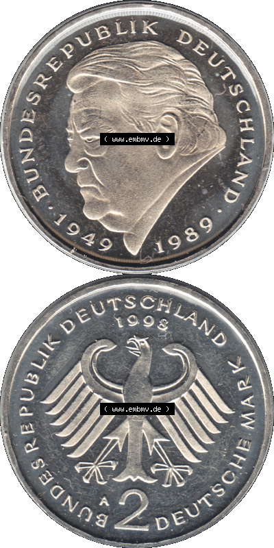 Münze der BRD-Deutschland 1998, Mzz. A für Berlin, Zwei 2 DM-Deutsche Mark Transparent Franz Josef Strauß RS+VS vertikal Farbe Sammlung