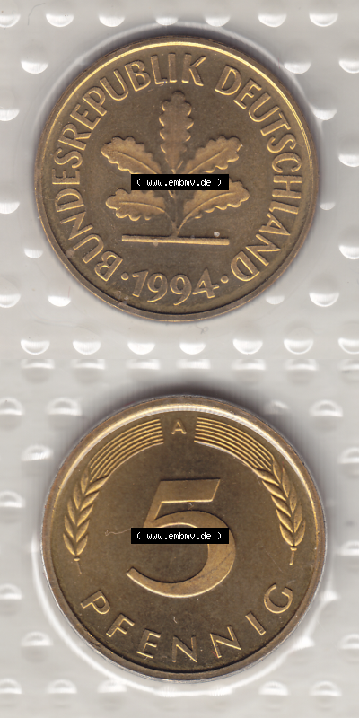 BRD Münzen KMS / Kursmünzensatz 1990-2001, 5 Pfennig 1994 Sammlung