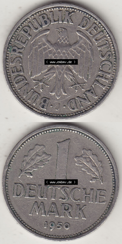 BRD Münze Deutschland Original Bild in PNG 1950-2001, 1 Eine Deutsche Mark, 1950 J-1 VS+RS vertikal Farbe (1) - Digitalisierte... Sammlung