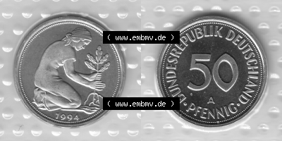 BRD-Deutschland Münzen 1994, 50 Pfennig Graustufen VS+RS horizontal Sammlung