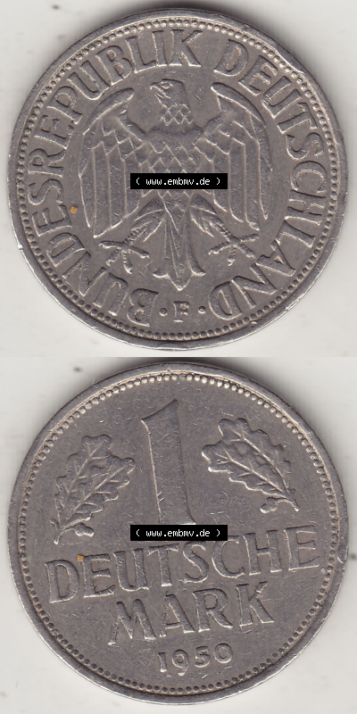 BRD Münze Deutschland Original Bild in PNG 1950-2001, 1 Eine Deutsche Mark, 1950 F-2 VS+RS vertikal Farbe (1) - Digitalisierte... Sammlung