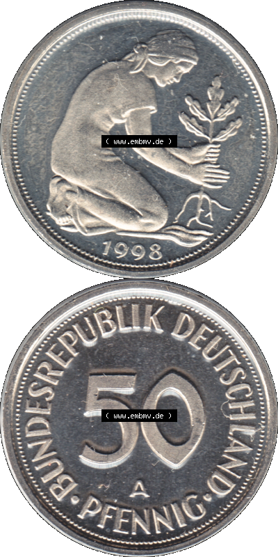 Münze der BRD-Deutschland 1998, Mzz. A für Berlin, 50 Pfennig Transparent VS+RS vertikal Farbe Sammlung
