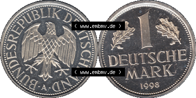 Münze der BRD-Deutschland 1998, Mzz. A für Berlin, Eine 1 DM Deutsche Mark Transparent VS+RS horizontal Farbe Sammlung