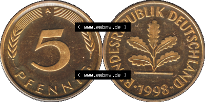Münze der BRD-Deutschland 1998, Mzz. A für Berlin, Fünf 5 Pfennig Transparent RS+VS horizontal Farbe Sammlung
