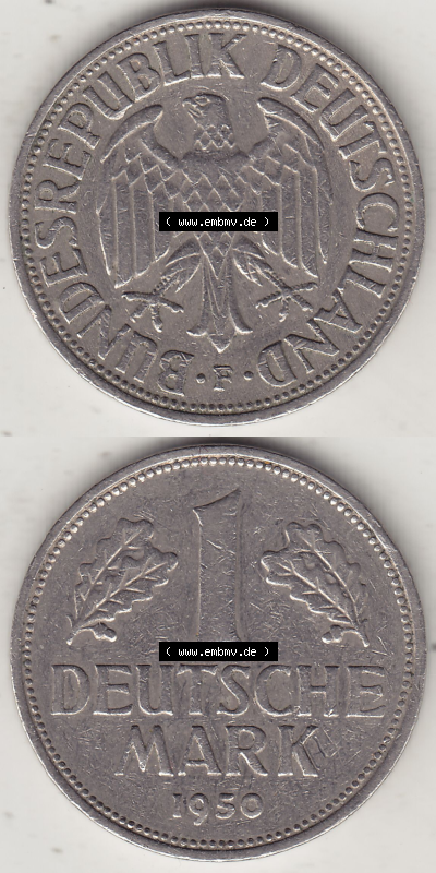 BRD Münze Deutschland Original Bild in PNG 1950-2001, 1 Eine Deutsche Mark, 1950 F-1 VS+RS vertikal Farbe (1) - Digitalisierte... Sammlung