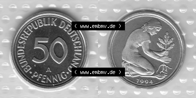 BRD-Deutschland Münzen 1994, 50 Pfennig Graustufen RS+VS horizontal Sammlung