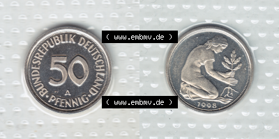 Münze der BRD-Deutschland 1998, Mzz. A für Berlin, 50 Pfennig RS+VS horizontal Farbe Sammlung