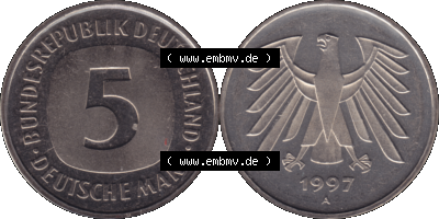 Münze der BRD-Deutschland 1997 Mzz. A für Berlin, 5 Deutsche Mark RS+VS horizontal Farbe Sammlung