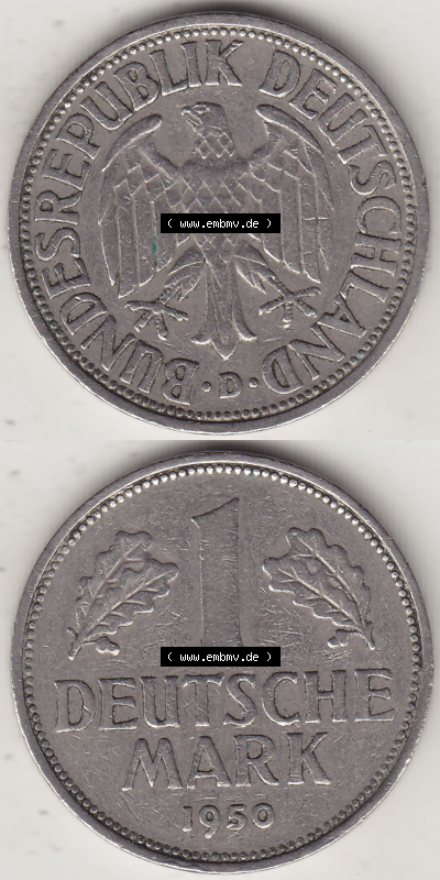 BRD Münze Deutschland Original Bild in PNG 1950-2001, 1 Eine Deutsche Mark, 1950 D-3 VS+RS vertikal Farbe (1) - Digitalisierte... Sammlung