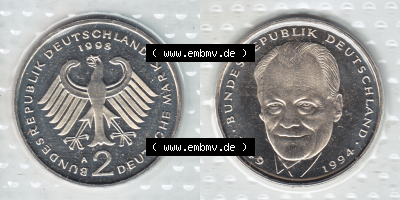 Münze der BRD-Deutschland 1998, Mzz. A für Berlin, 2 DM-Deutsche Mark Willy Brandt VS+RS horizontal Farbe Sammlung