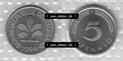 BRD-Deutschland Münzen 1994, 5 Pfennig Graustufen VS+RS horizontal Sammlung