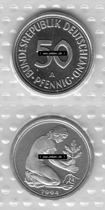 BRD-Deutschland Münzen 1994, 50 Pfennig Graustufen RS+VS vertikal Sammlung