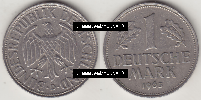 BRD Münze Deutschland Original Bild in PNG 1950-2001, 1 Eine Deutsche Mark, 1965 D-1 VS+RS horizontal Farbe (1) - Digitalisierte... Sammlung
