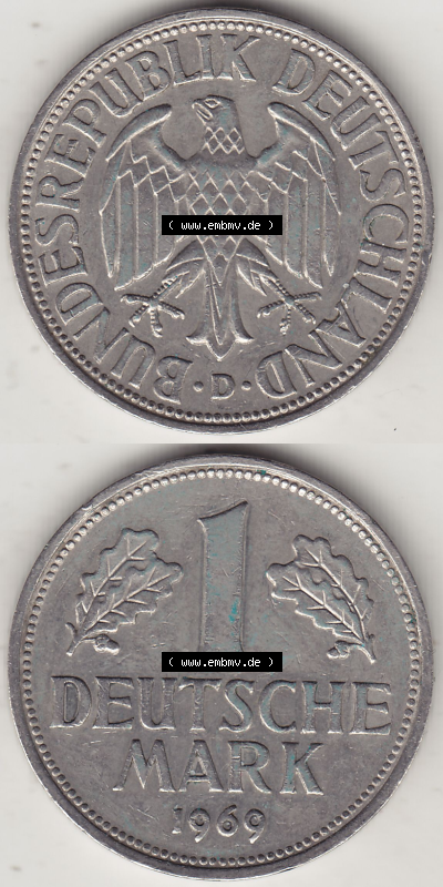 BRD Münze Deutschland Original Bild in PNG 1950-2001, 1 Eine Deutsche Mark, 1969 D-1 VS+RS vertikal Farbe (1) - Digitalisierte... Sammlung