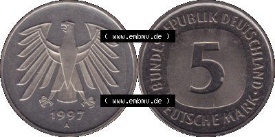 Münze der BRD-Deutschland 1997 Mzz. A für Berlin, 5 Deutsche Mark VS+RS horizontal Farbe Sammlung