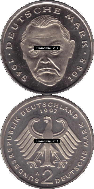 Münze der BRD-Deutschland 1997 Mzz. A für Berlin, 2 Deutsche Mark Gedenkmünze Ludwig Erhard RS+VS vertikal Farbe Sammlung