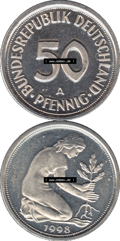 Münze der BRD-Deutschland 1998, Mzz. A für Berlin, 50 Pfennig Transparent RS+VS vertikal Farbe Sammlung
